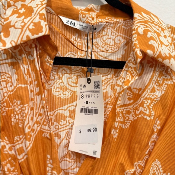 NWT Zara Orange and White Patterned Tie-Front Blouse - Picture 3 of 3